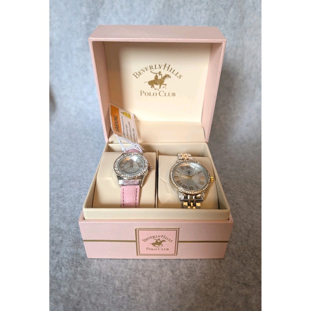 Beverly Hills Polo Club Watch Set‎ Brand New - Pink Leather Band Two Tone Metal